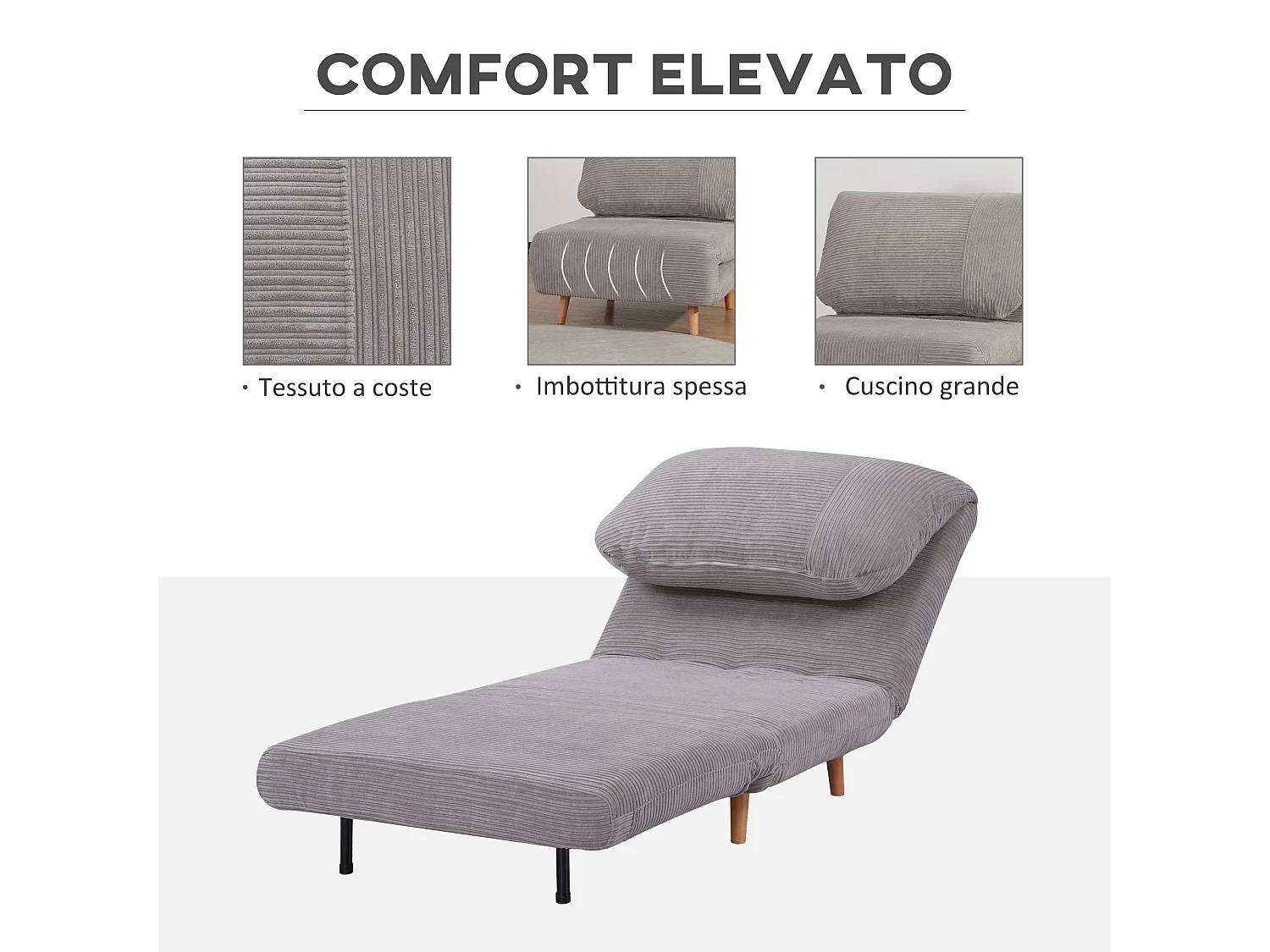 Poltrona letto 2 in 1 regolabile su 3 livelli seduta imbottita grigio