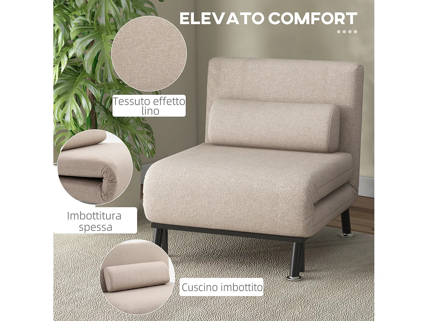 Poltrona Letto Singolo con Materasso e Cuscino Imbottito,Beige
