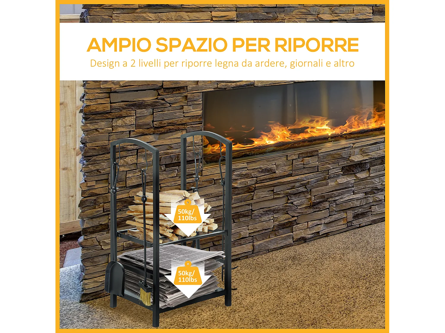 Portalegna da interno ed esterno in metallo a 2 ripiani