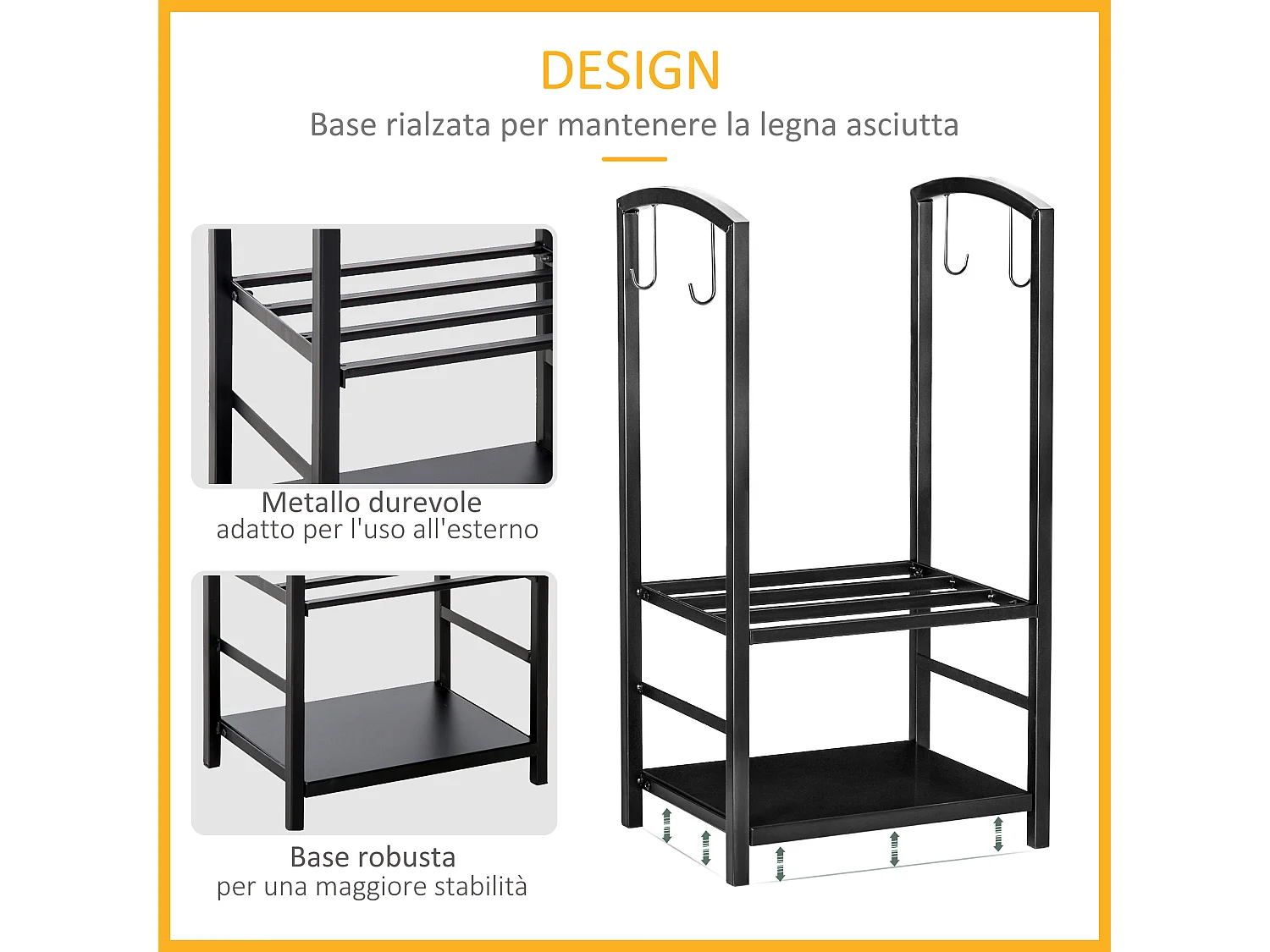 Portalegna da interno ed esterno in metallo a 2 ripiani