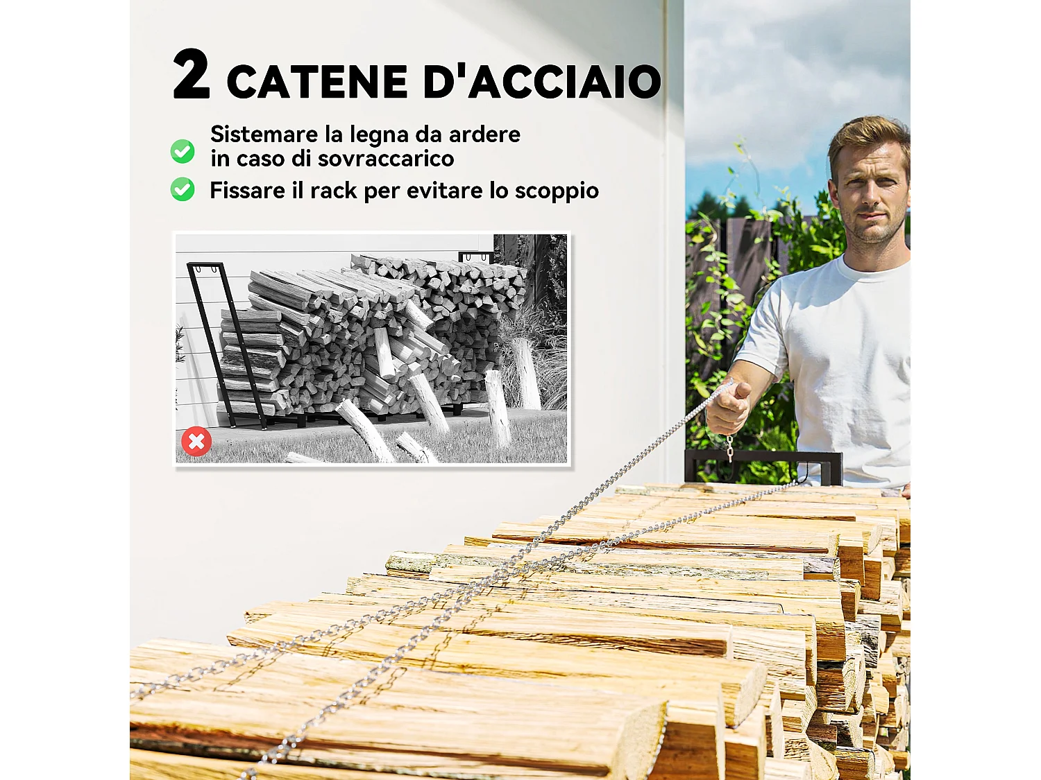 Legnaia 0.8m³ in metallo con telo impermeabile e catene 235x31x116 cm