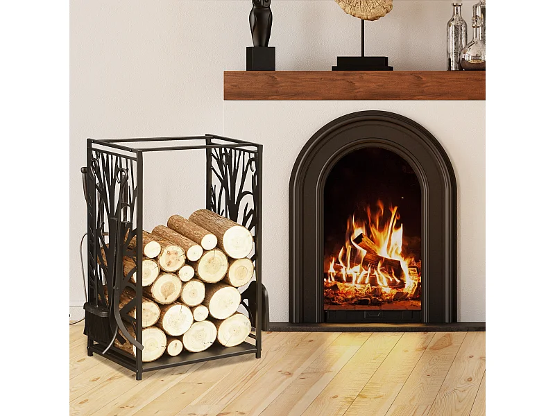 Porta legna per interni ed esterni con design elegante e 4 attrezzi