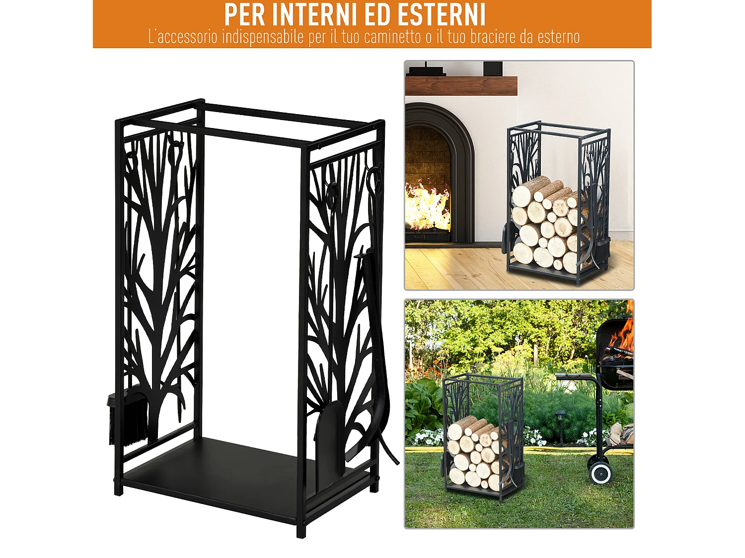 Porta legna per interni ed esterni con design elegante e 4 attrezzi