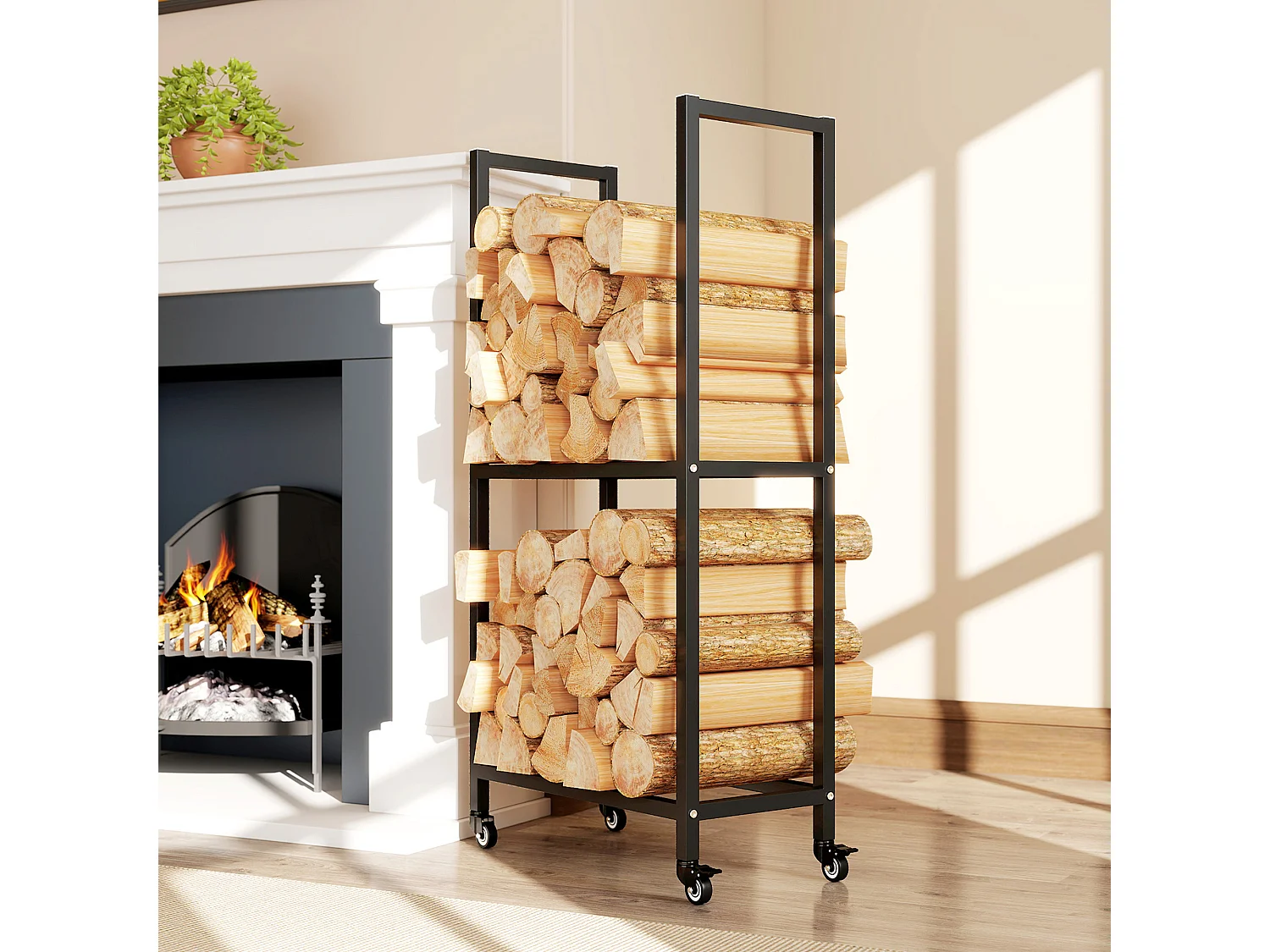 Portalegna esterno e interno a due livelli con ruote in acciaio nero