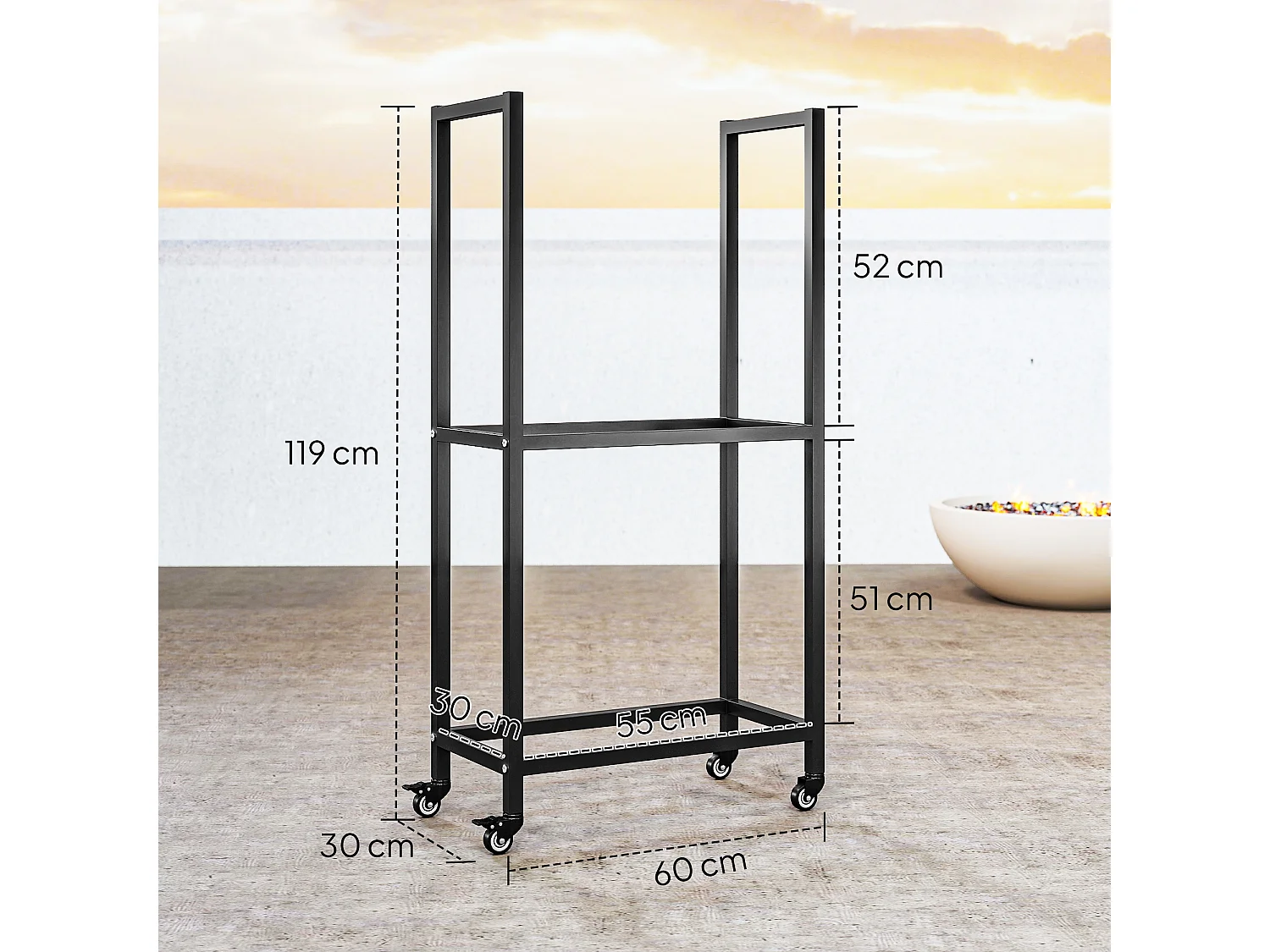 Portalegna esterno e interno a due livelli con ruote in acciaio nero