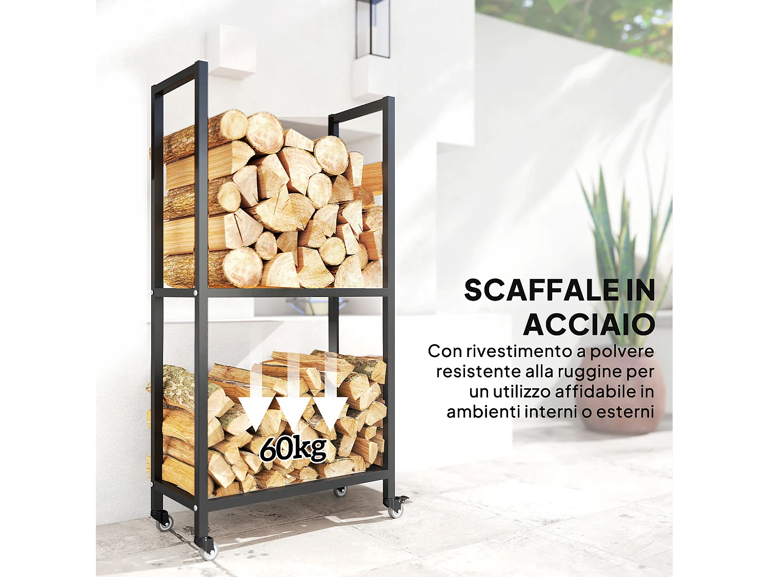 Portalegna esterno e interno a due livelli con ruote in acciaio nero