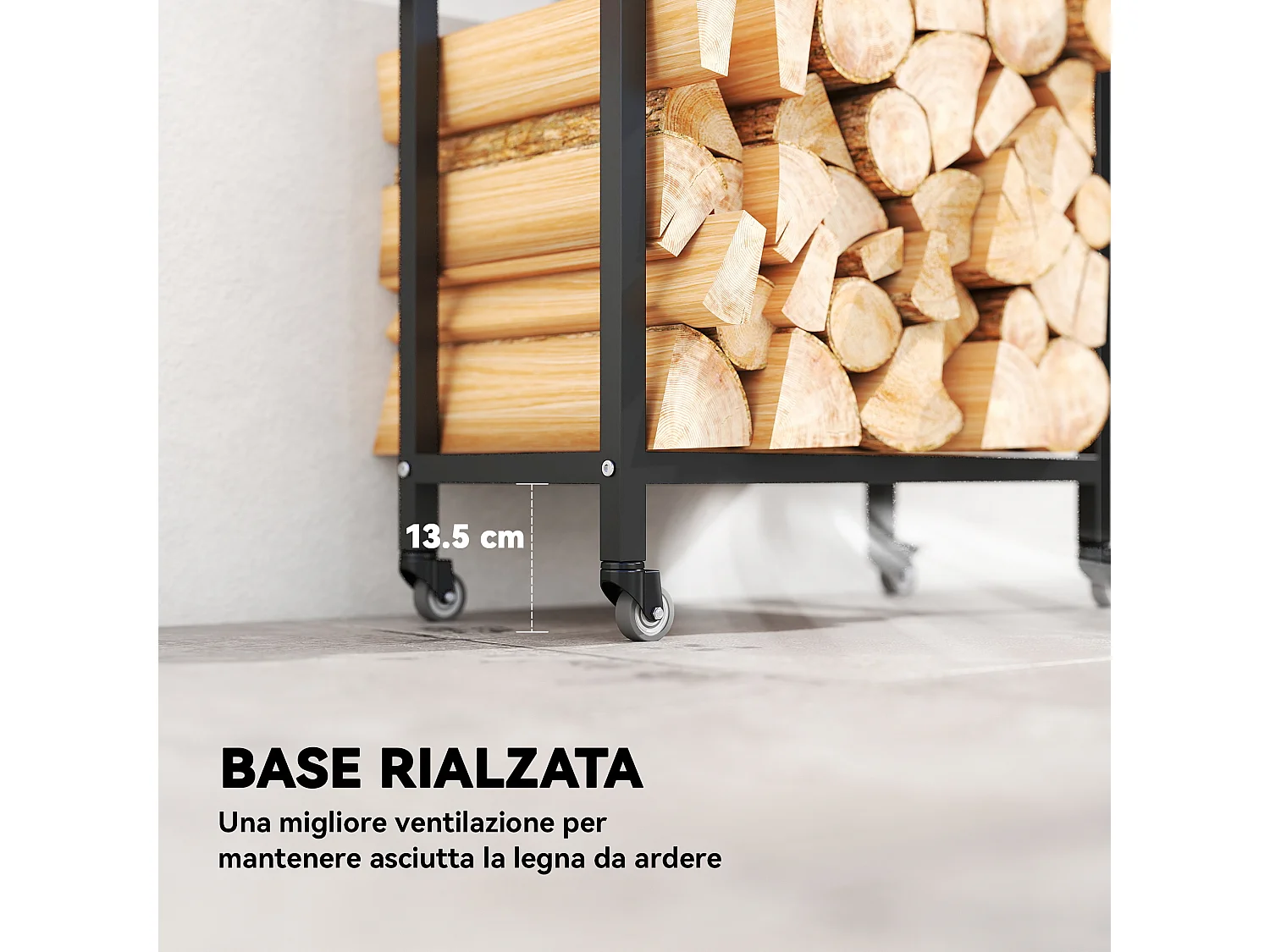 Portalegna esterno e interno a due livelli con ruote in acciaio nero