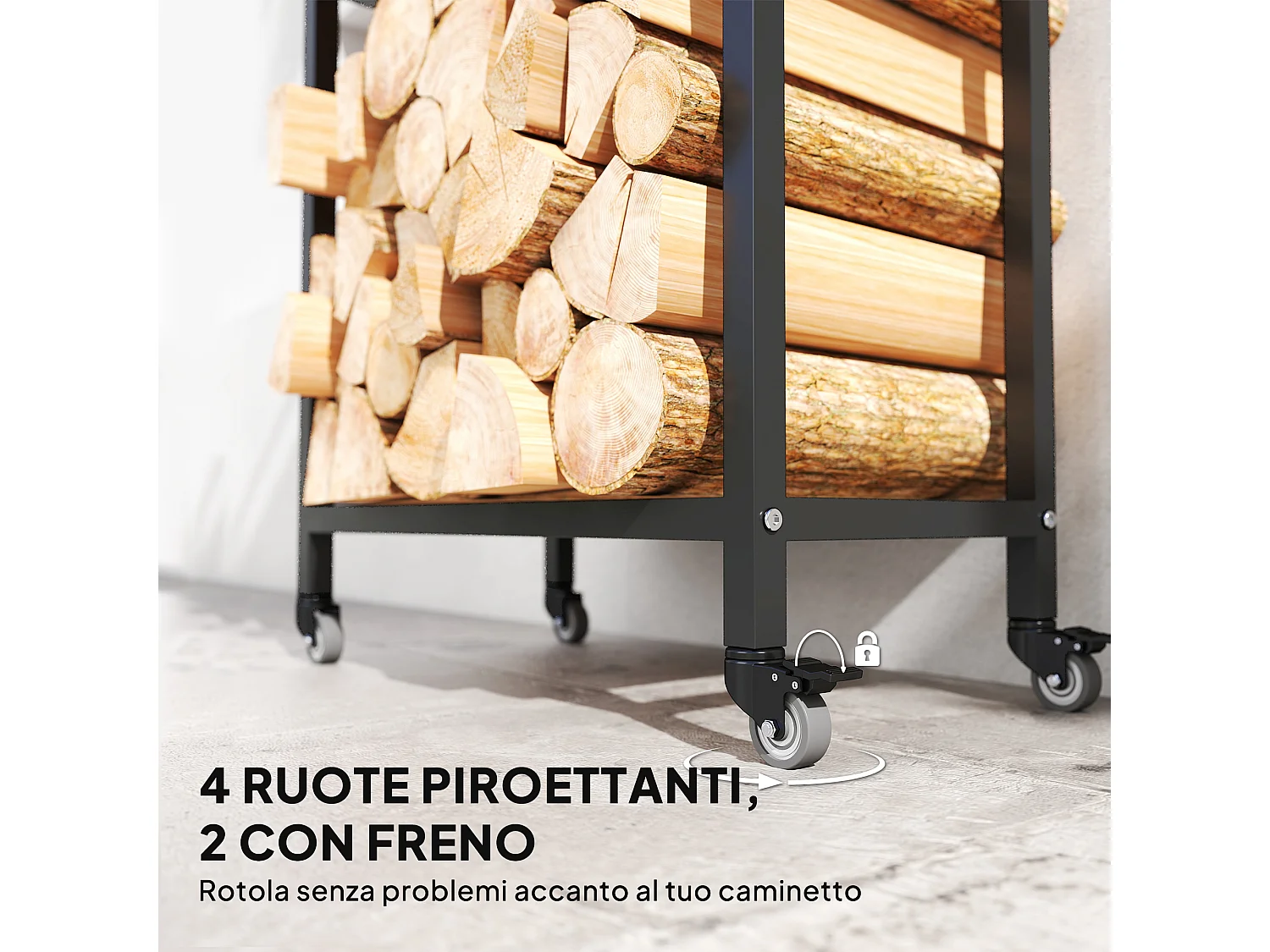 Portalegna esterno e interno a due livelli con ruote in acciaio nero