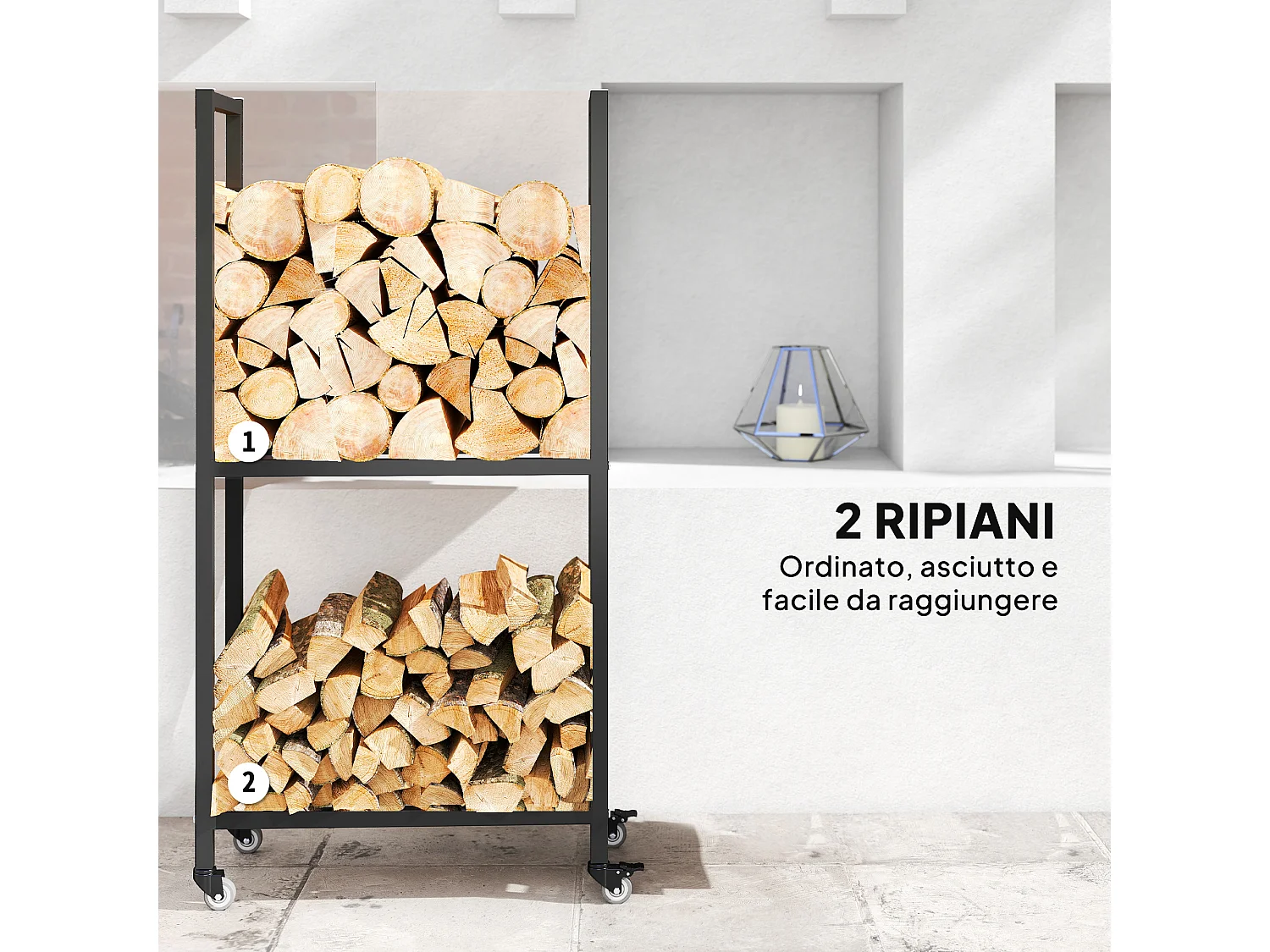 Portalegna esterno e interno a due livelli con ruote in acciaio nero