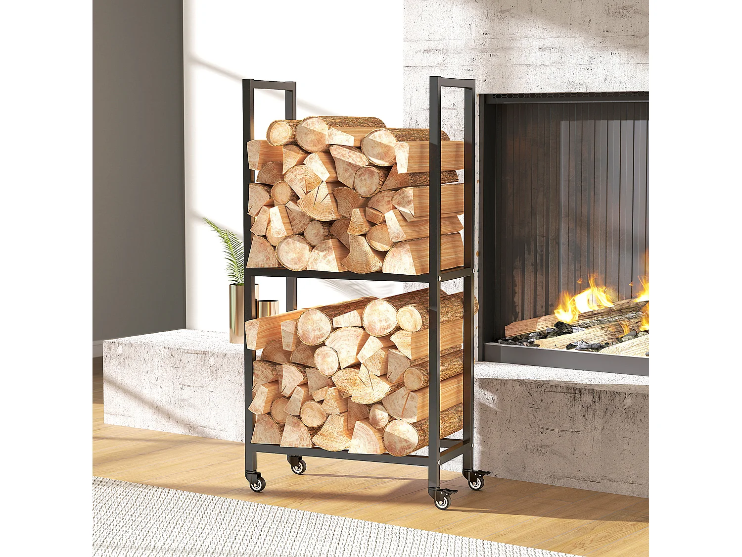 Portalegna esterno e interno a due livelli con ruote in acciaio nero