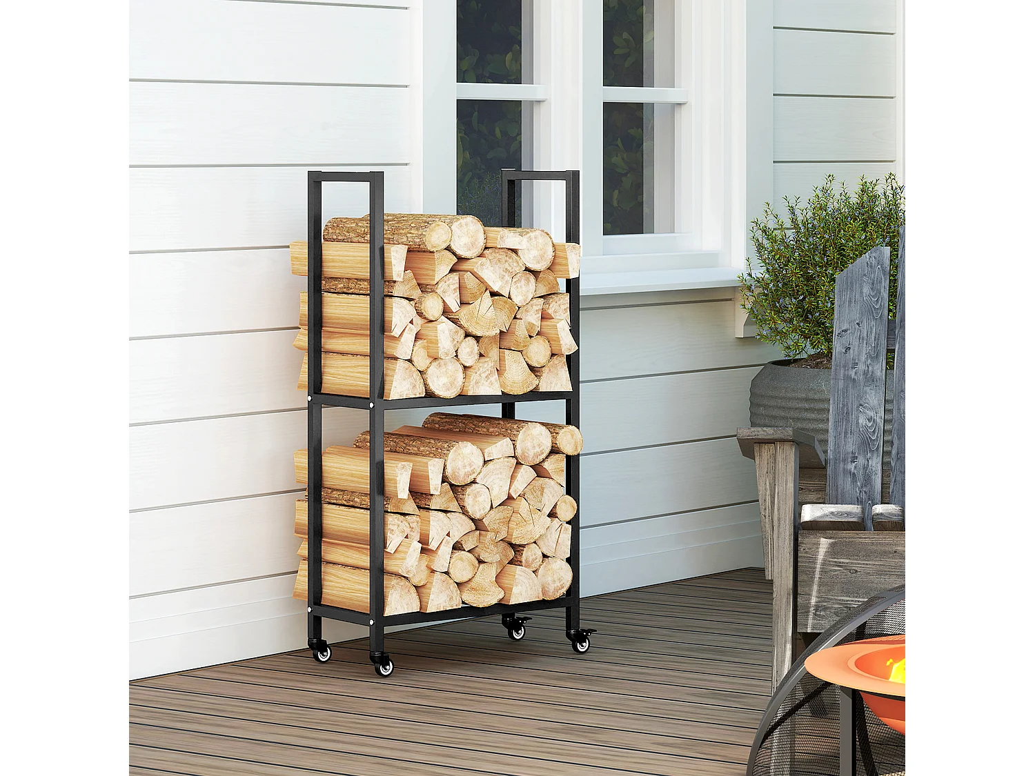 Portalegna esterno e interno a due livelli con ruote in acciaio nero