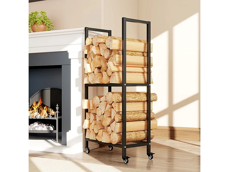 Portalegna esterno e interno a due livelli con ruote in acciaio nero