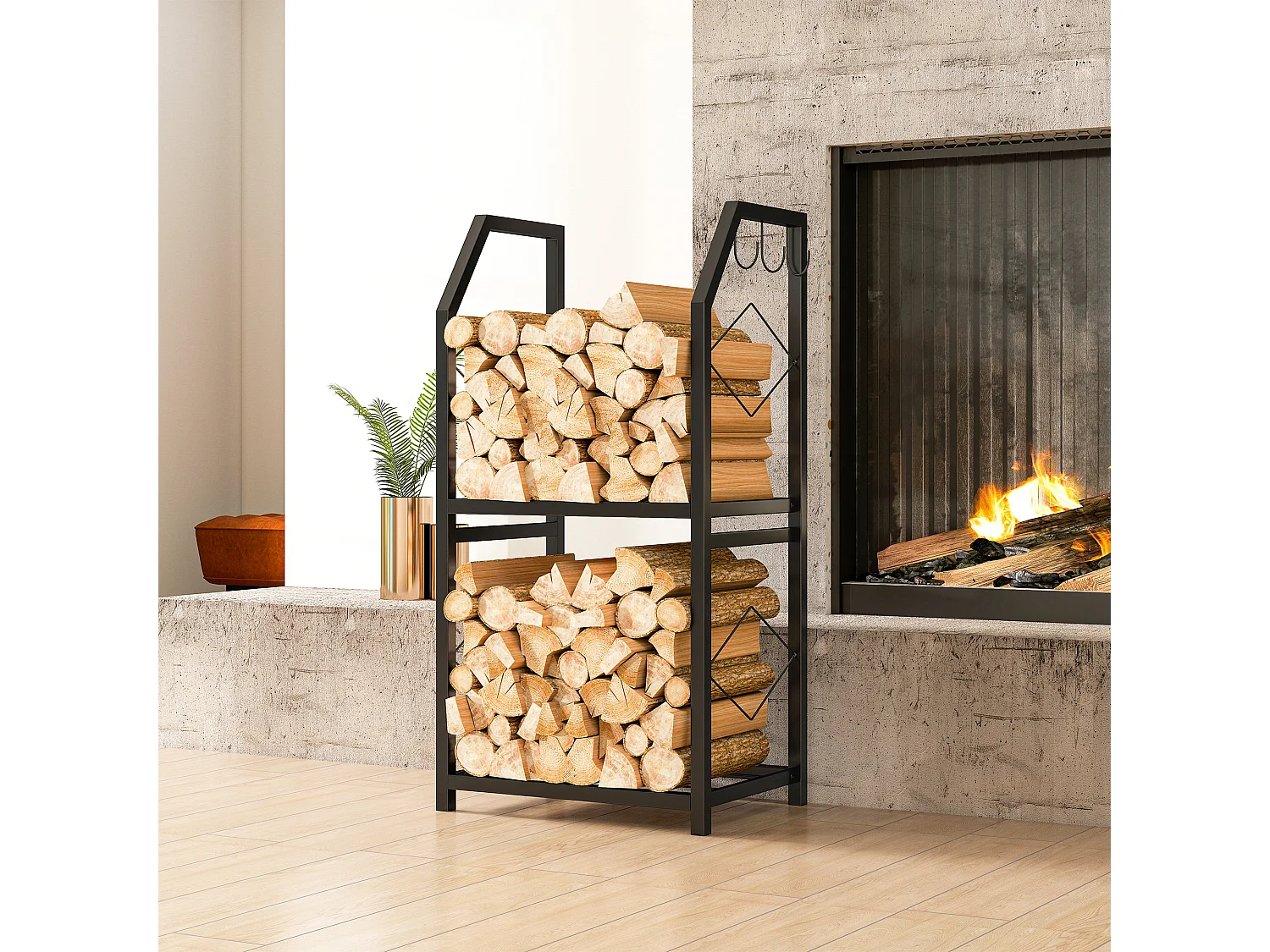 Portalegna da esterno e interno a 2 livelli e 3 ganci in acciaio nero