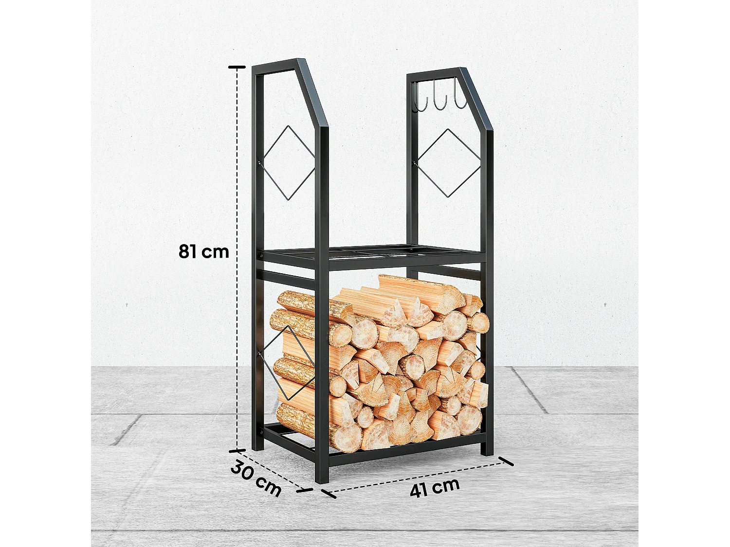 Portalegna da esterno e interno a 2 livelli e 3 ganci in acciaio nero
