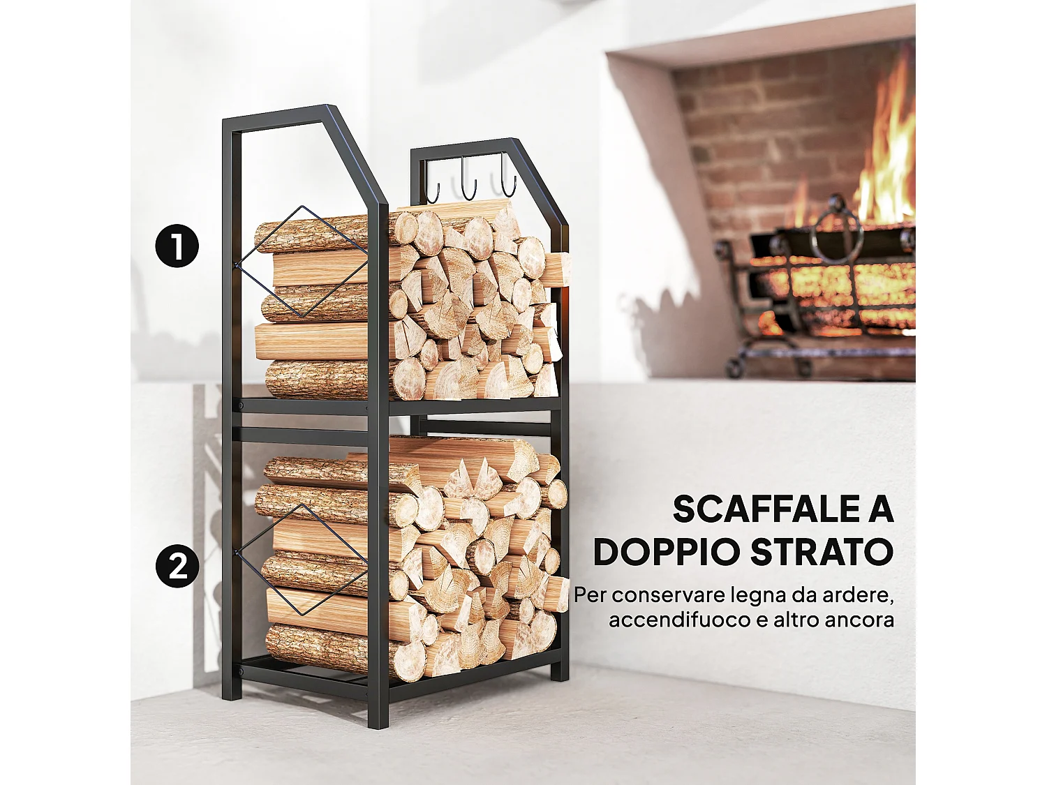 Portalegna da esterno e interno a 2 livelli e 3 ganci in acciaio nero