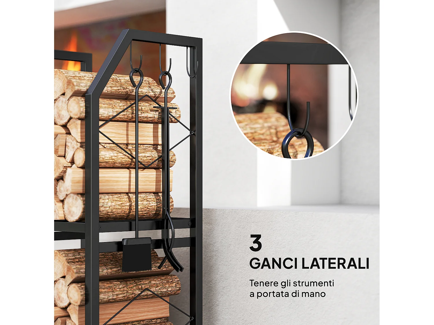 Portalegna da esterno e interno a 2 livelli e 3 ganci in acciaio nero