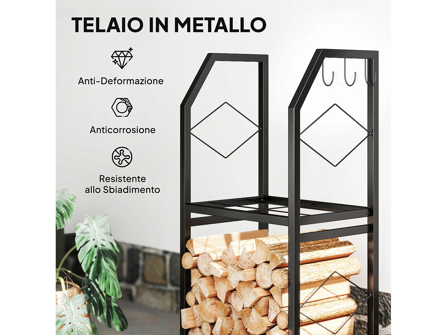 Portalegna da esterno e interno a 2 livelli e 3 ganci in acciaio nero