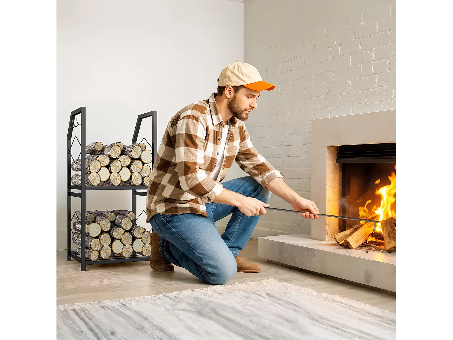 Portalegna da esterno e interno a 2 livelli e 3 ganci in acciaio nero