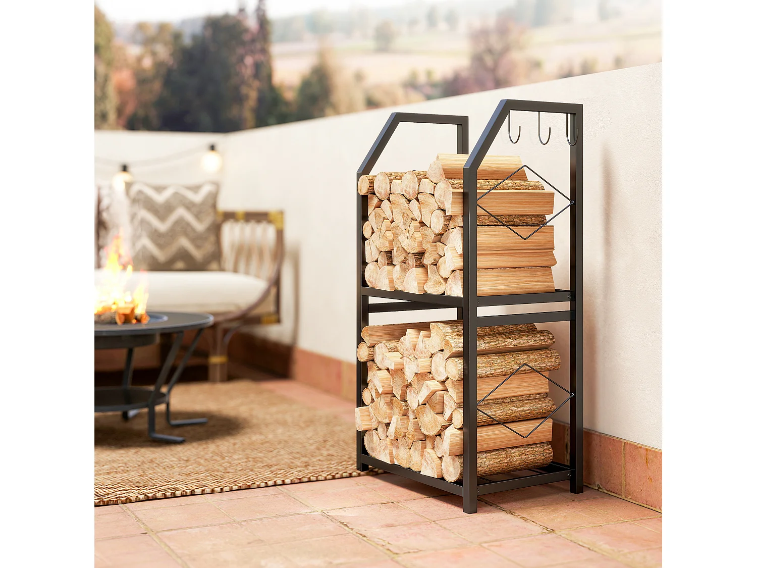 Portalegna da esterno e interno a 2 livelli e 3 ganci in acciaio nero