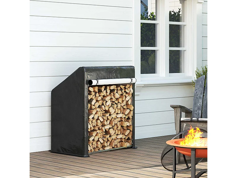 Portalegna da esterno con copertura impermeabile in acciaio nero