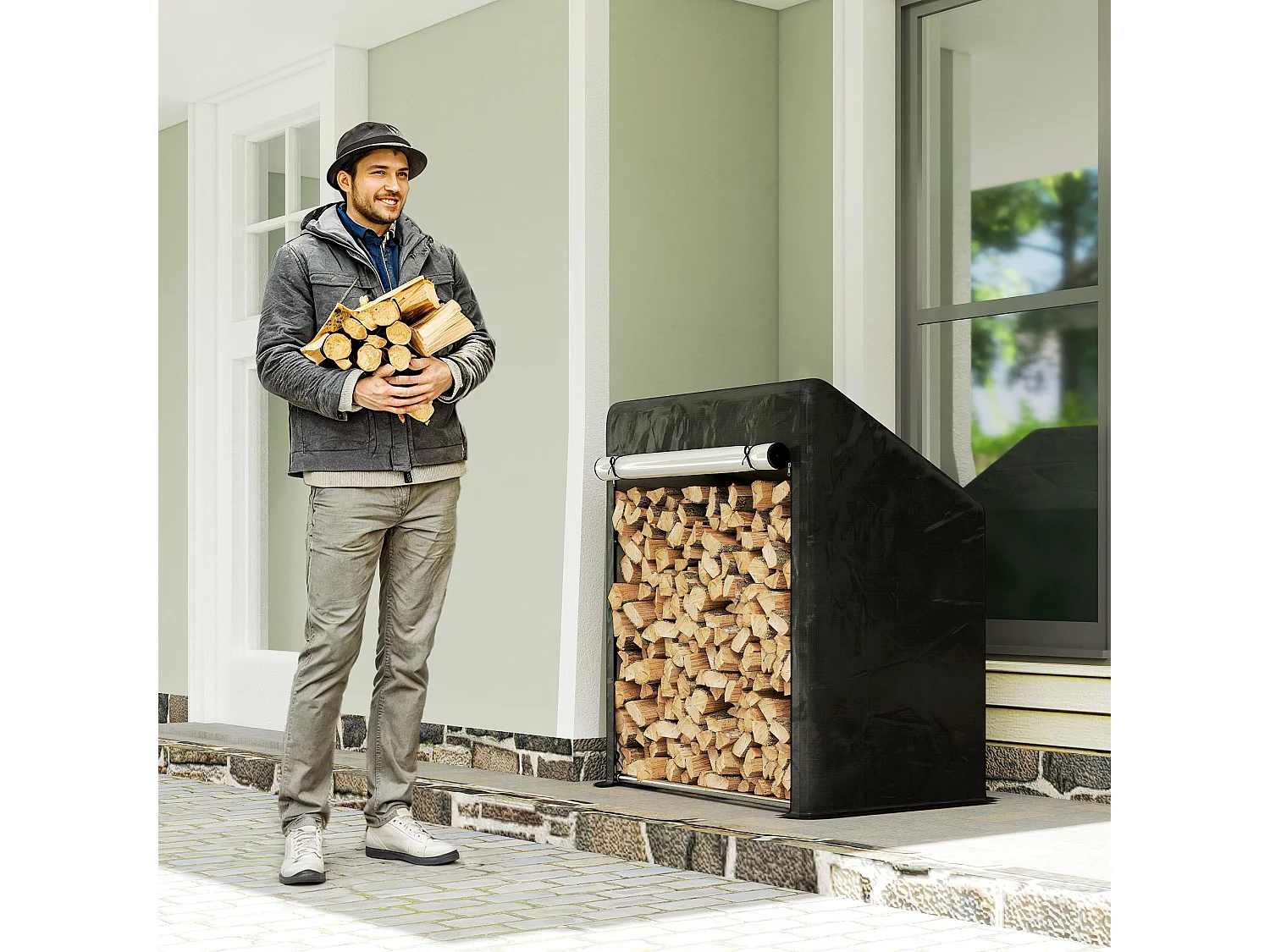 Portalegna da esterno con copertura impermeabile in acciaio nero