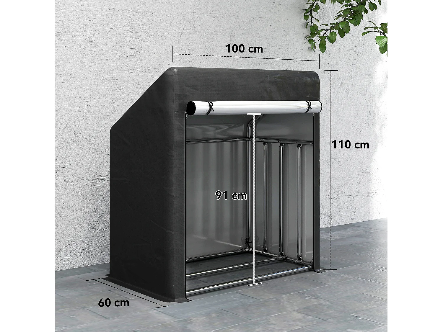 Portalegna da esterno con copertura impermeabile in acciaio nero