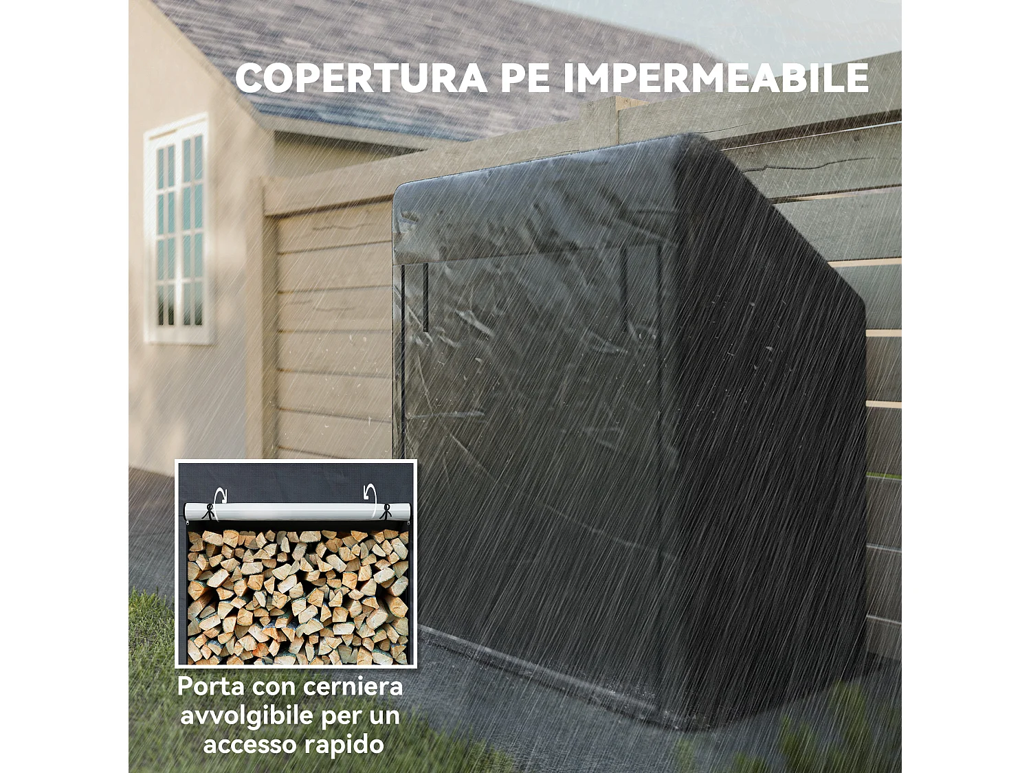 Portalegna da esterno con copertura impermeabile in acciaio nero