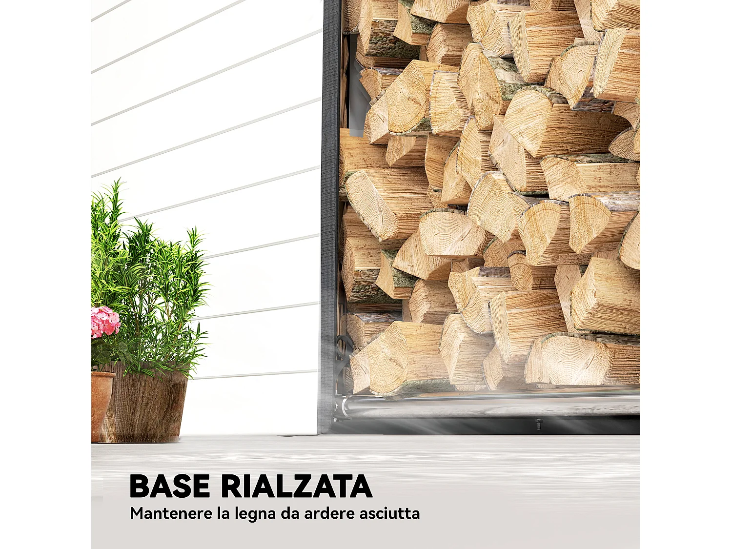 Portalegna da esterno con copertura impermeabile in acciaio nero