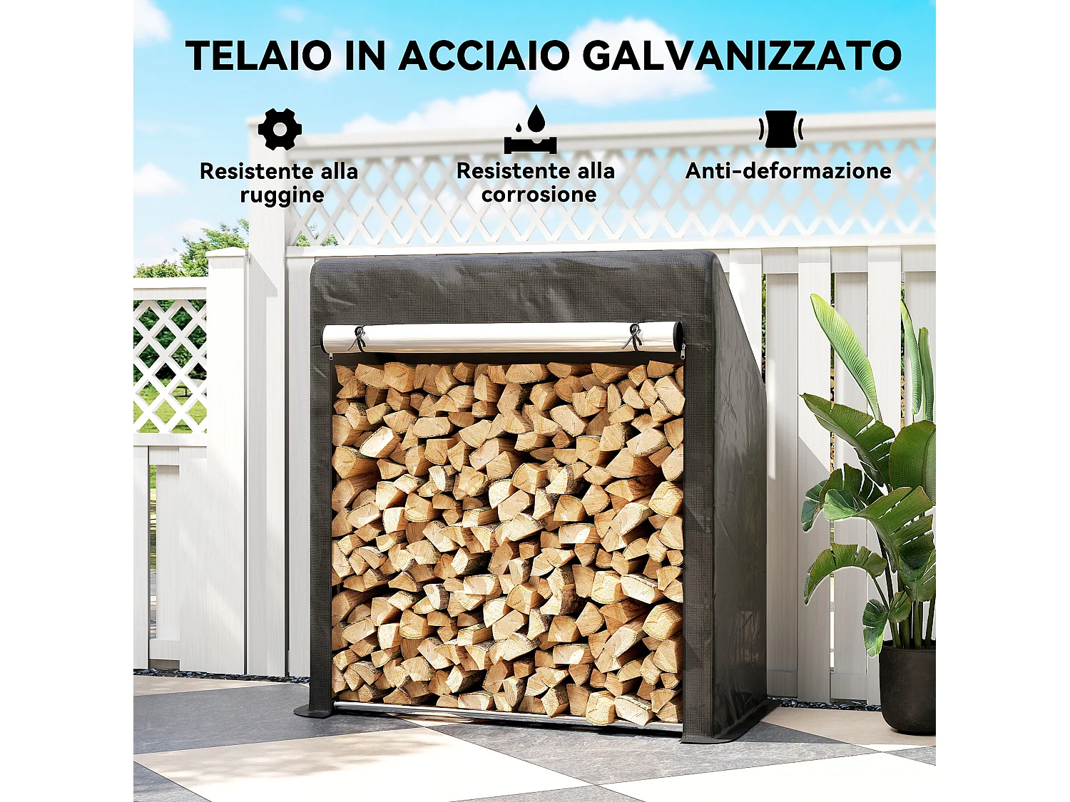 Portalegna da esterno con copertura impermeabile in acciaio nero