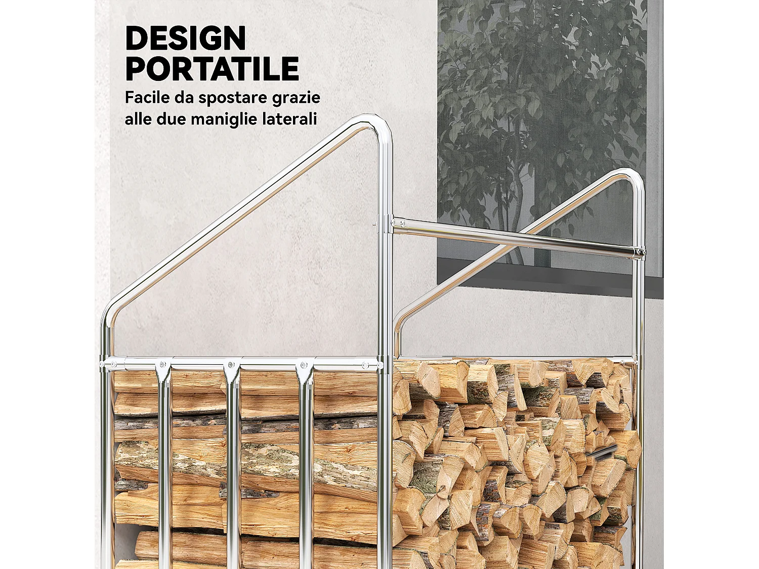 Portalegna da esterno con copertura impermeabile in acciaio nero