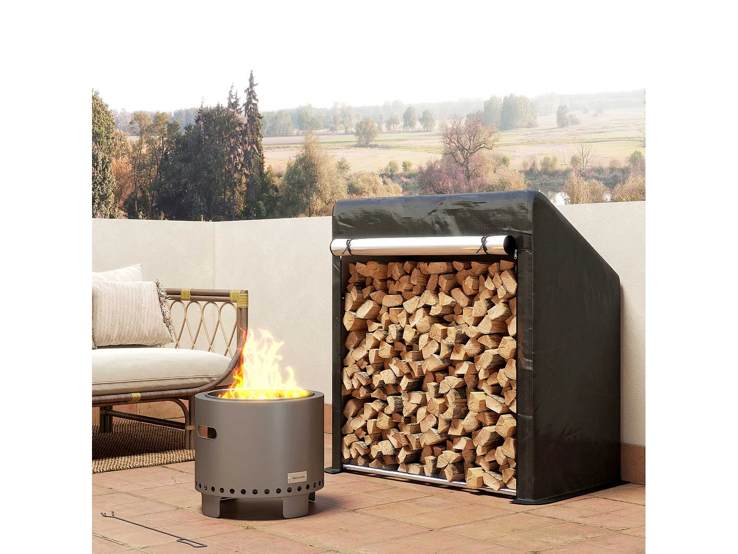 Portalegna da esterno con copertura impermeabile in acciaio nero