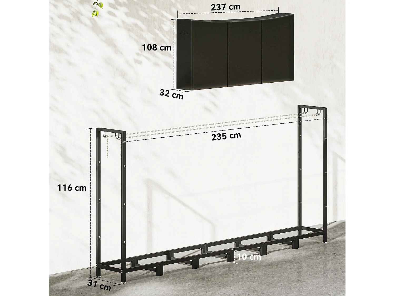Legnaia da esterno con telo impermeabile e telaio regolabile nero