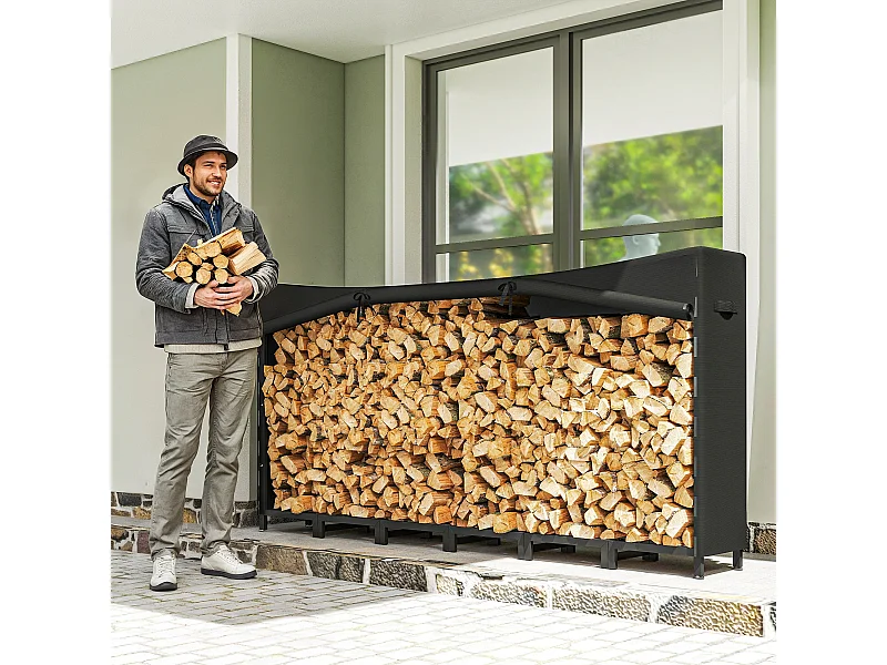 Legnaia da esterno con telo impermeabile e telaio regolabile nero