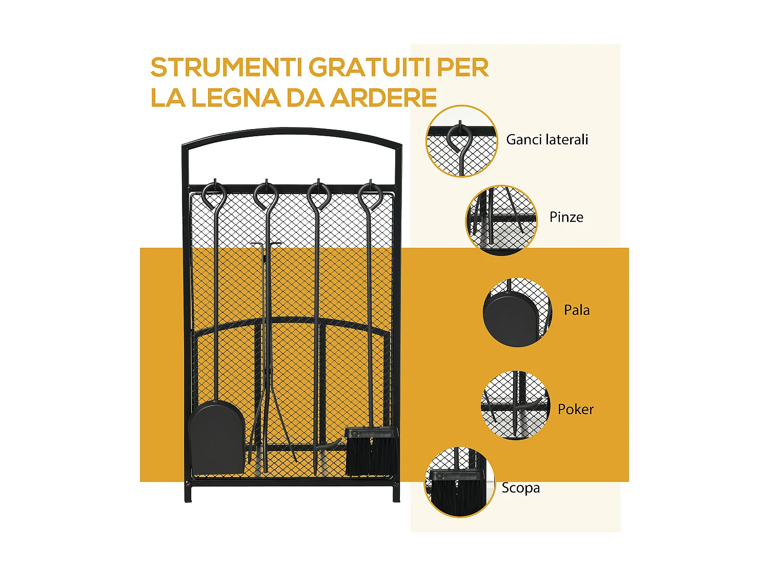 Portalegna in metallo per interno esterno con 4 attrezzi