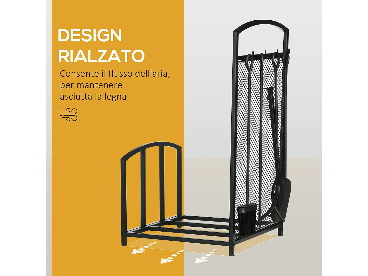 Portalegna in metallo per interno esterno con 4 attrezzi