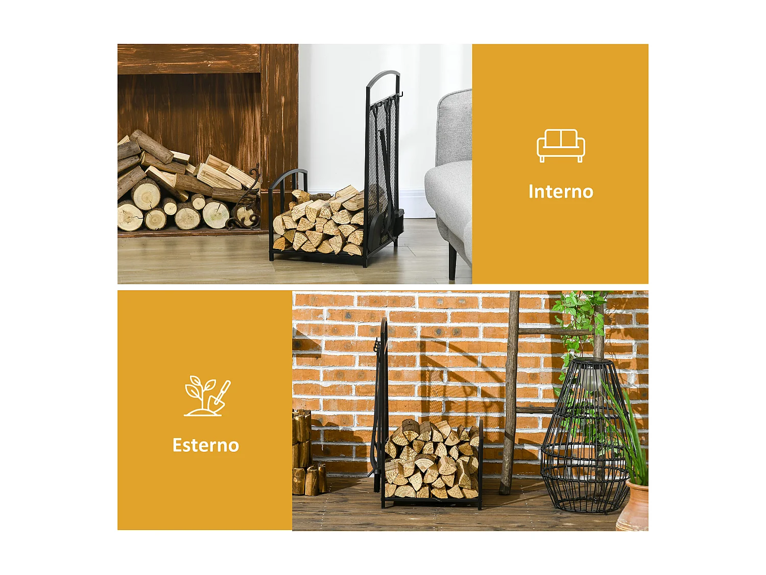 Portalegna in metallo per interno esterno con 4 attrezzi