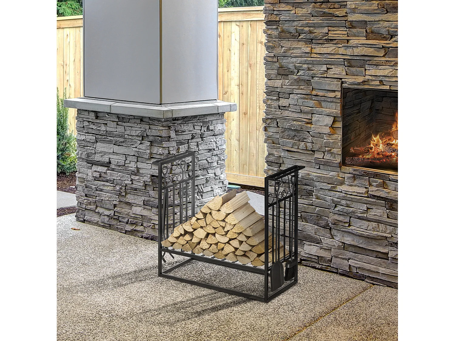 Portalegna rialzato per camino in acciaio antiruggine