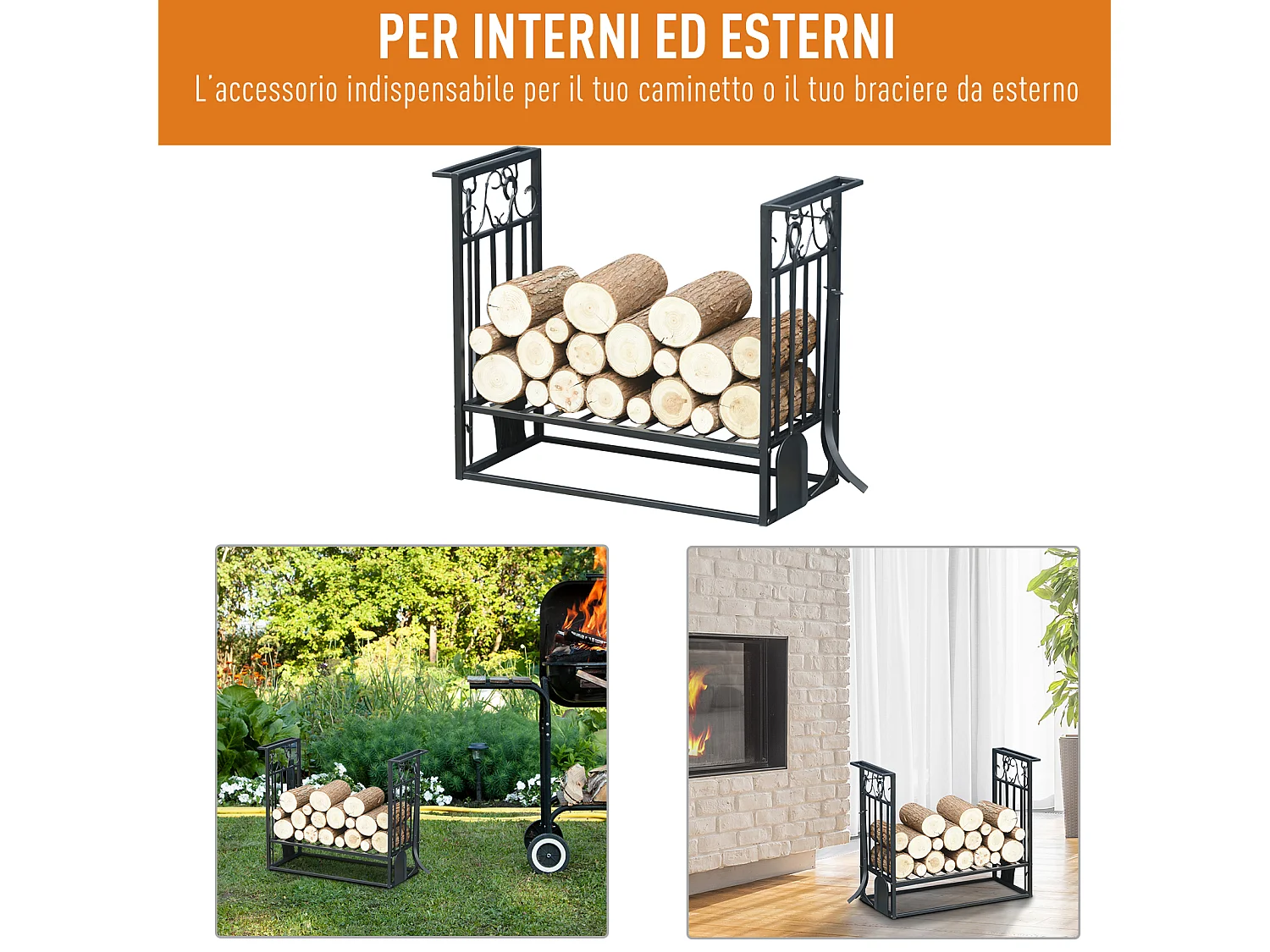 Portalegna rialzato per camino in acciaio antiruggine