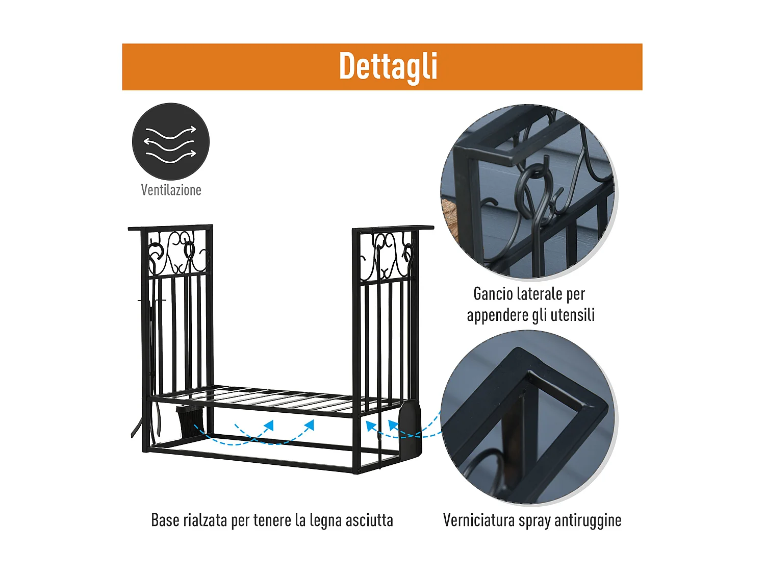 Portalegna rialzato per camino in acciaio antiruggine