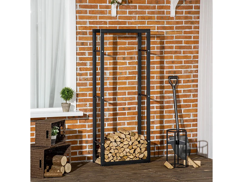 Porta legna verticale in metallo nero da interni e esterni 60x25x150cm