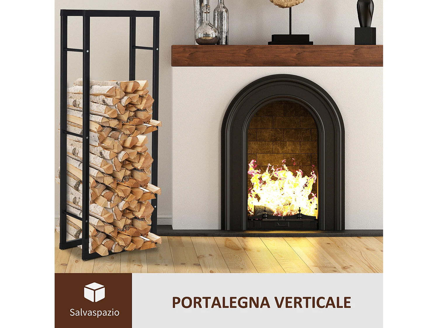 Porta legna verticale in metallo nero da interni e esterni 60x25x150cm