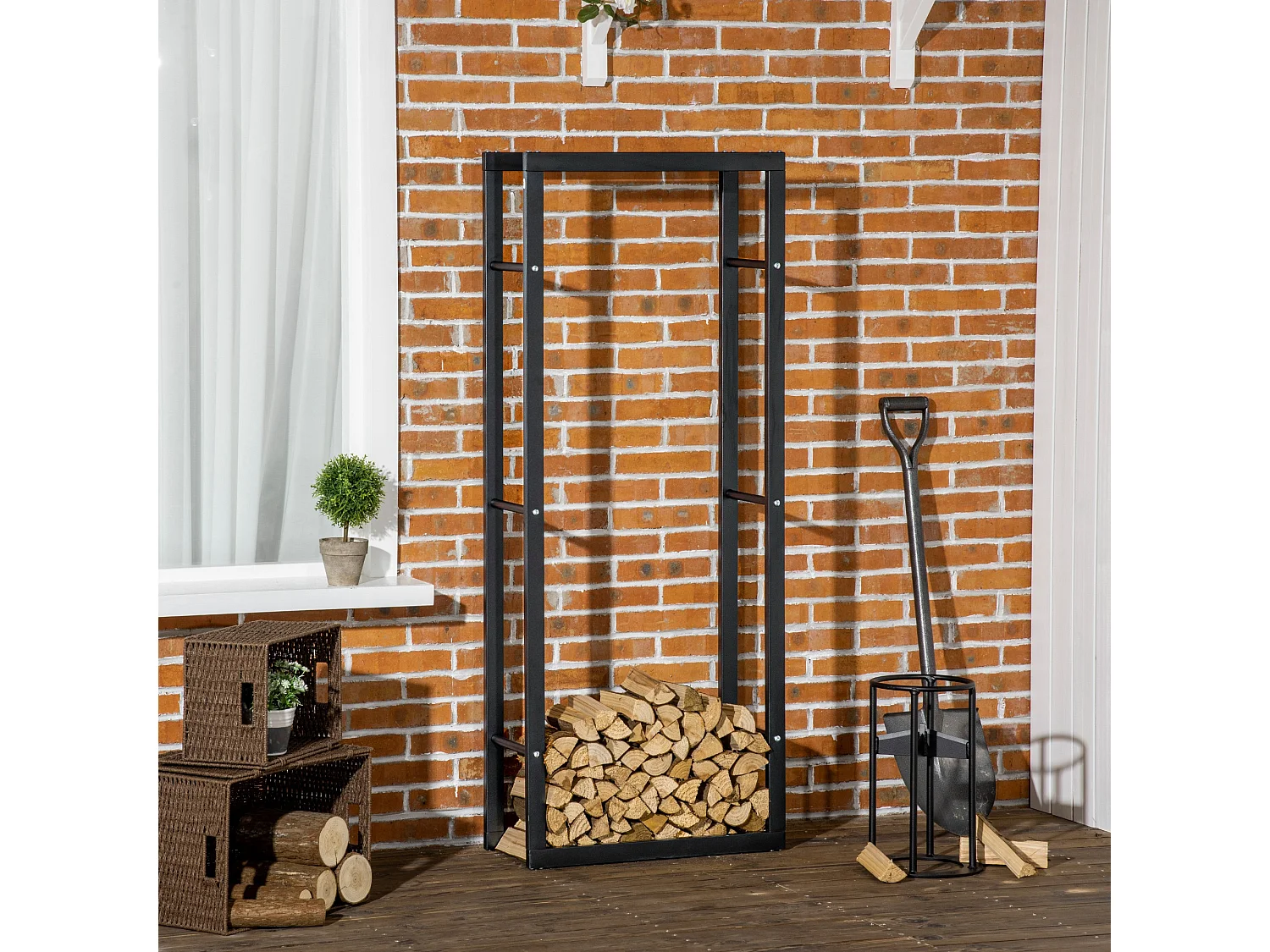 Porta legna verticale in metallo nero da interni e esterni 60x25x150cm