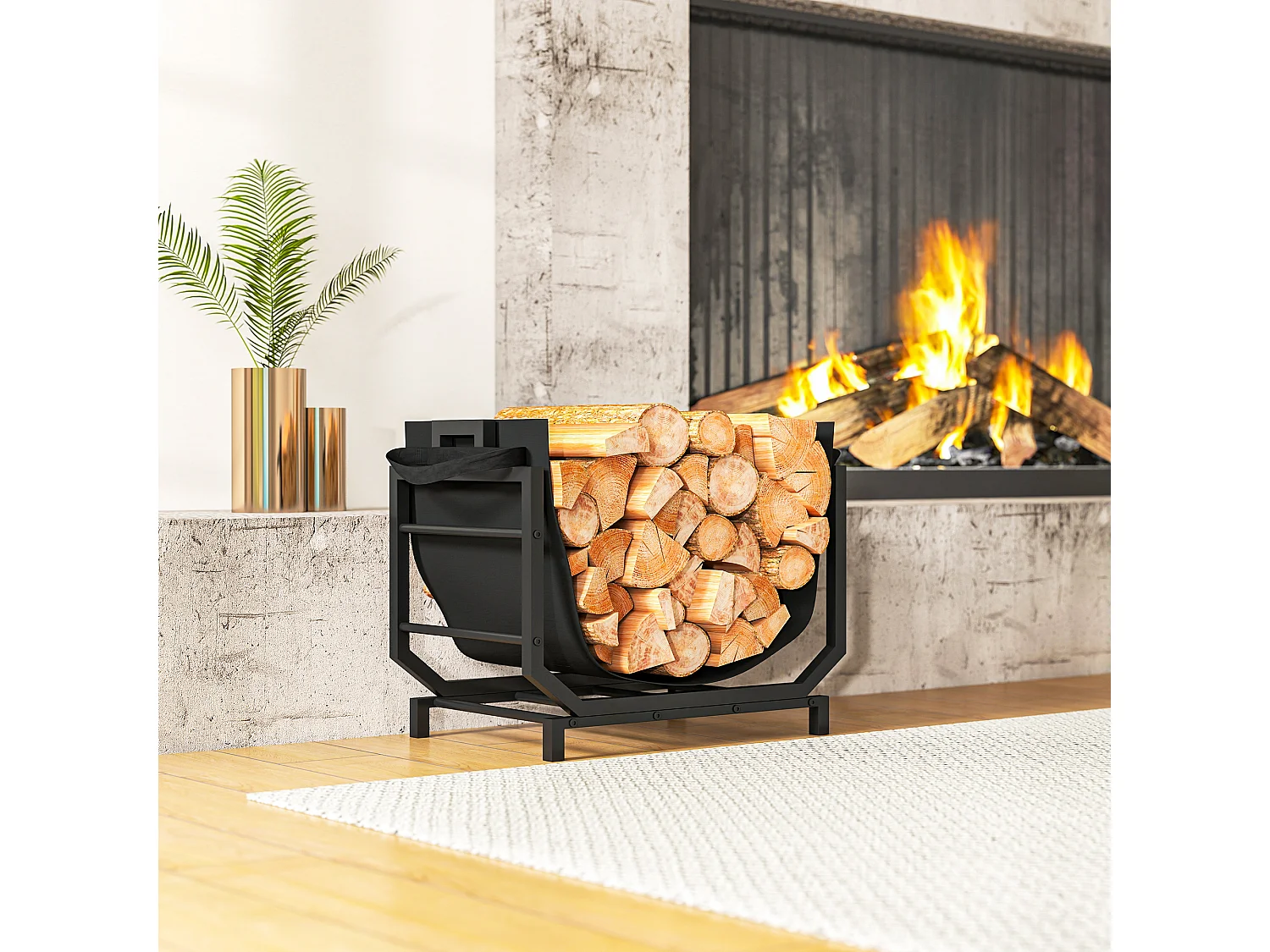 Porta legna capacità 50 kg con borsa da trasporto rimovibile nero