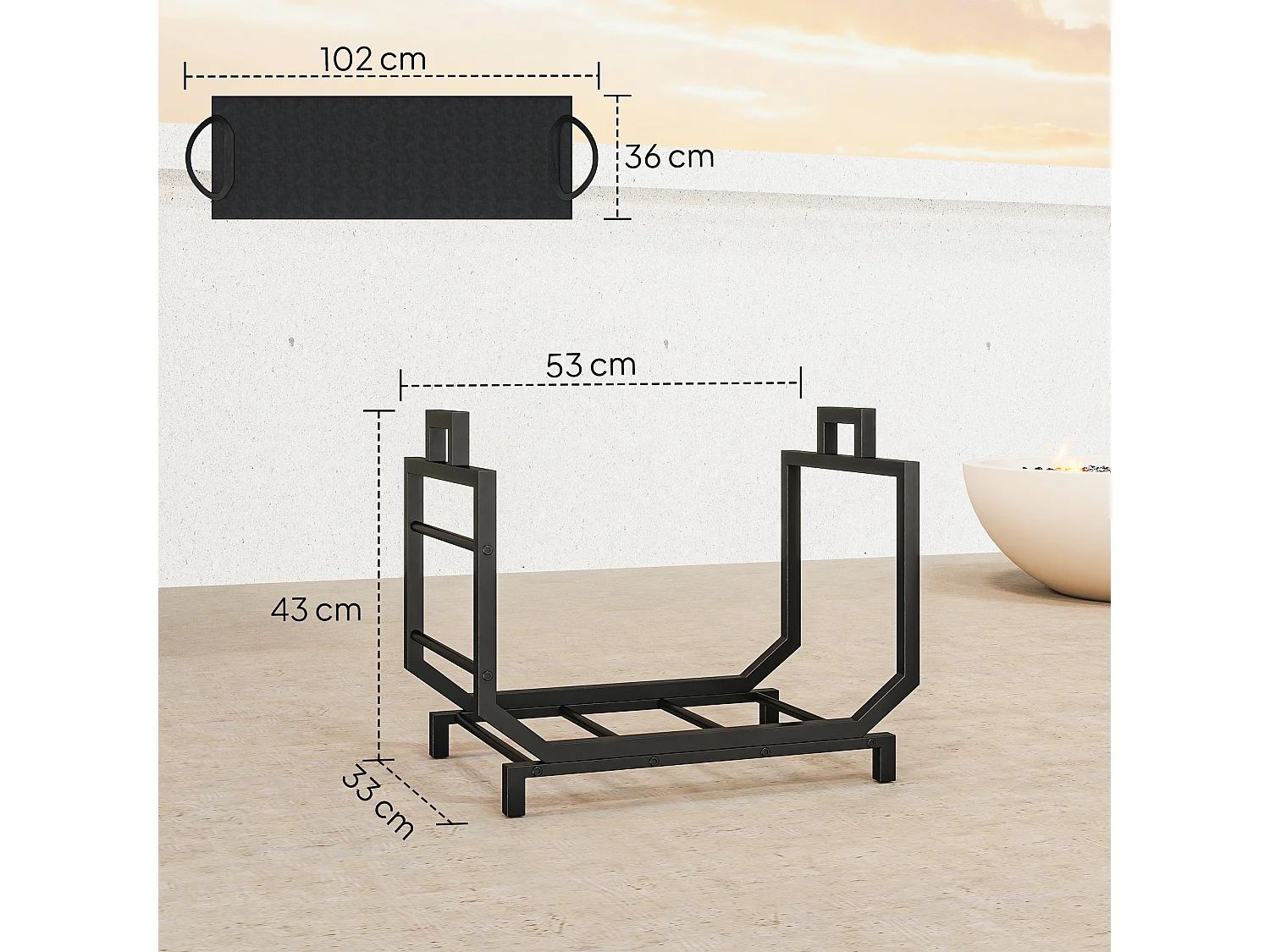 Porta legna capacità 50 kg con borsa da trasporto rimovibile nero