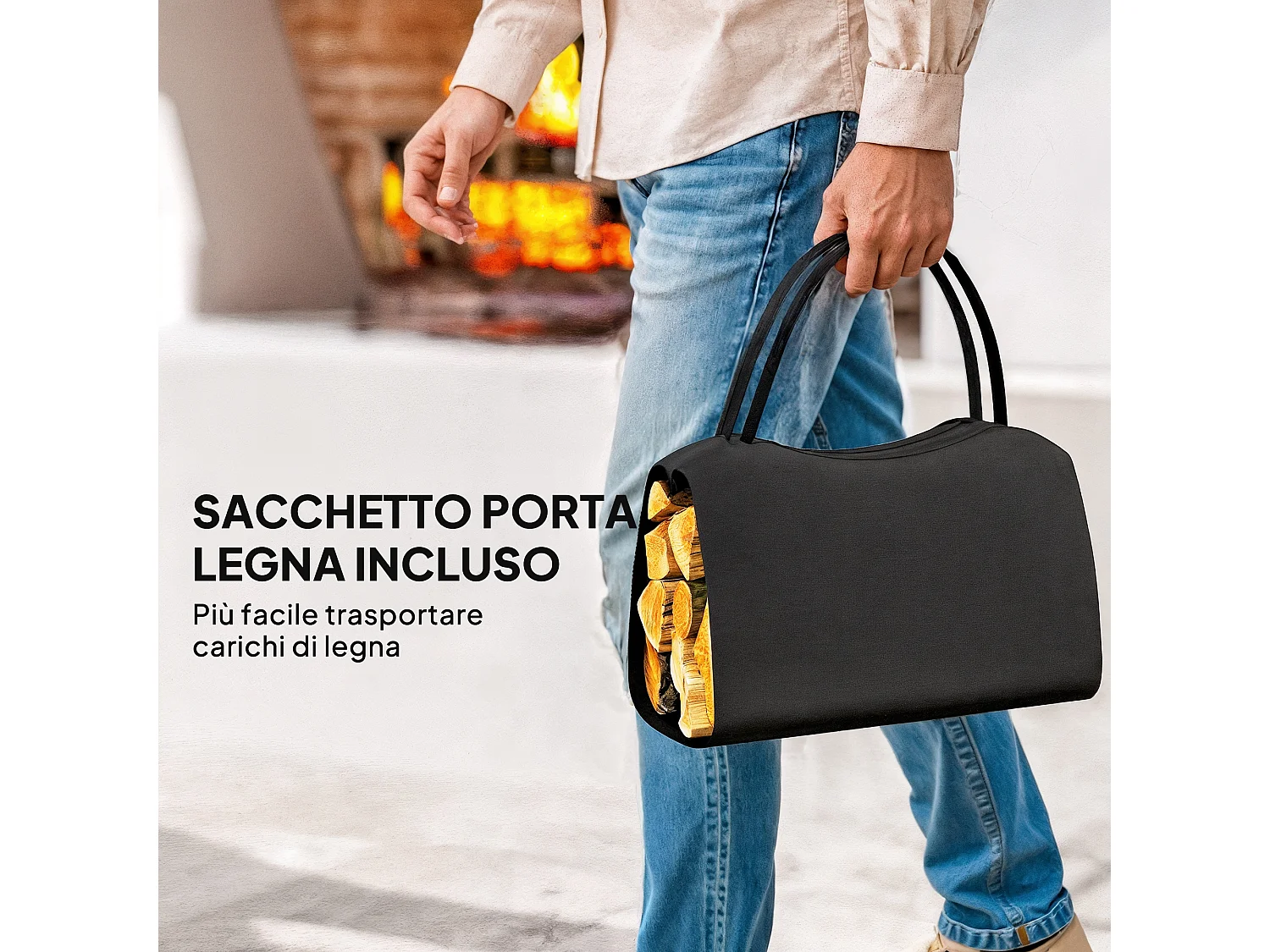 Porta legna capacità 50 kg con borsa da trasporto rimovibile nero