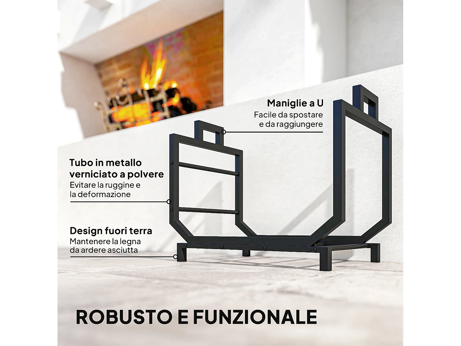 Porta legna capacità 50 kg con borsa da trasporto rimovibile nero