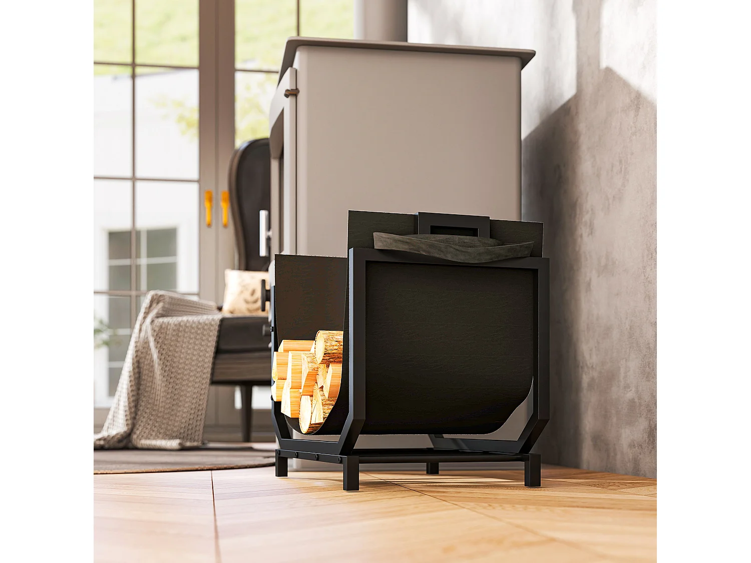 Porta legna capacità 50 kg con borsa da trasporto rimovibile nero