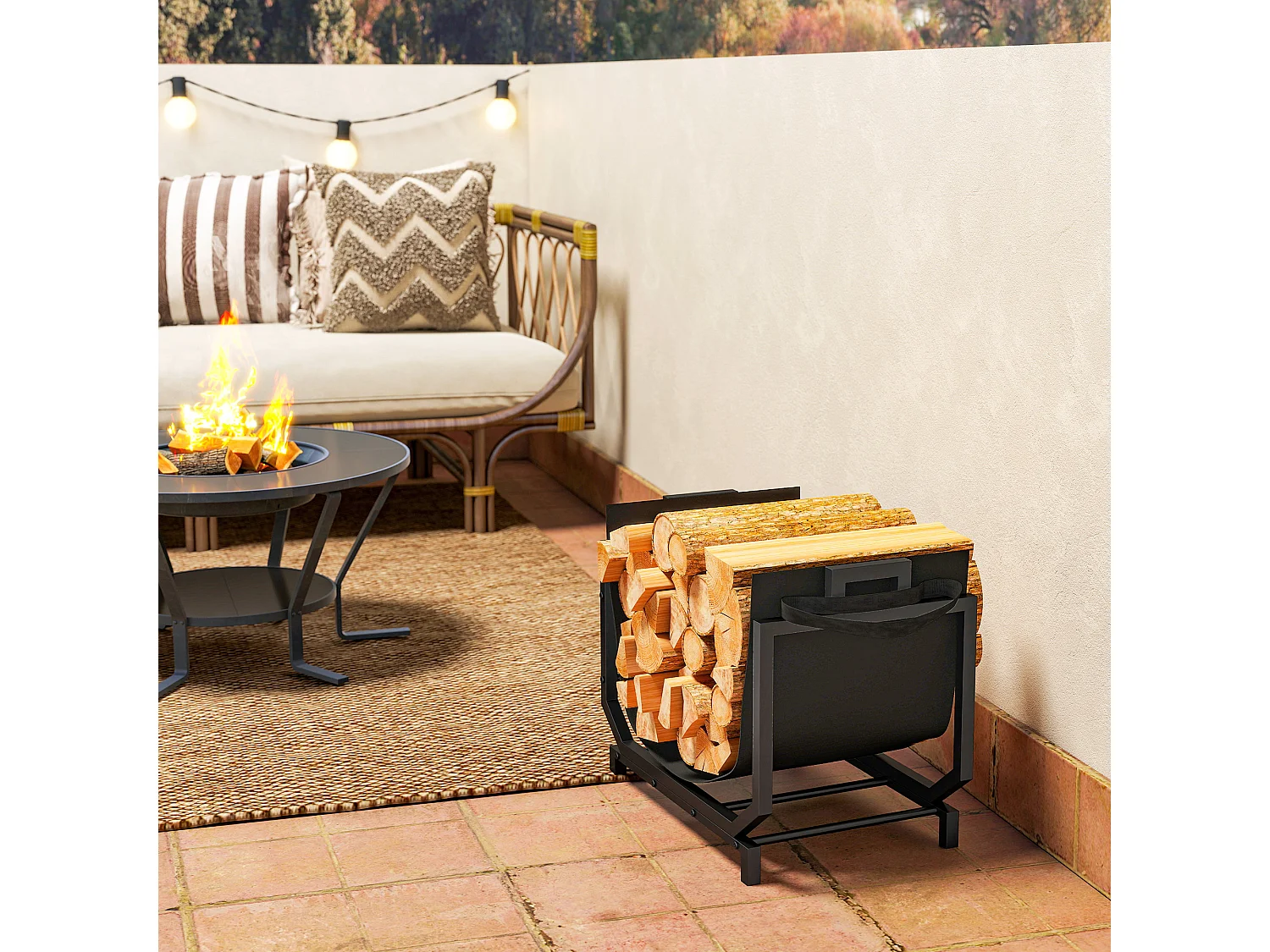 Porta legna capacità 50 kg con borsa da trasporto rimovibile nero