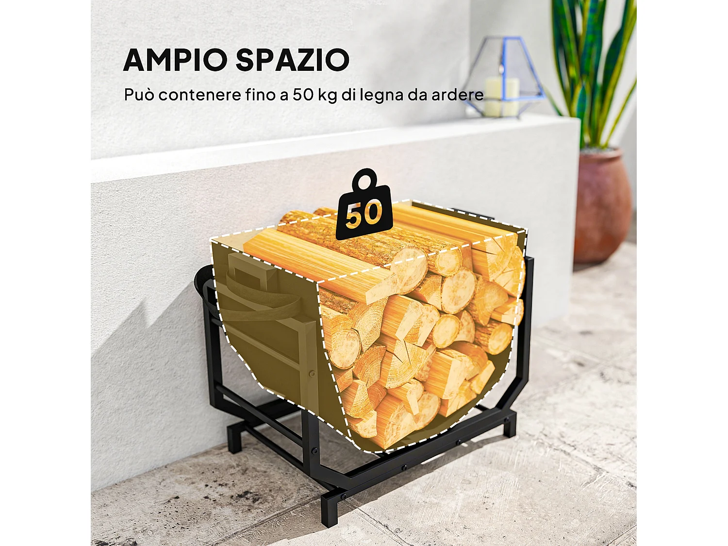 Porta legna capacità 50 kg con borsa da trasporto rimovibile nero