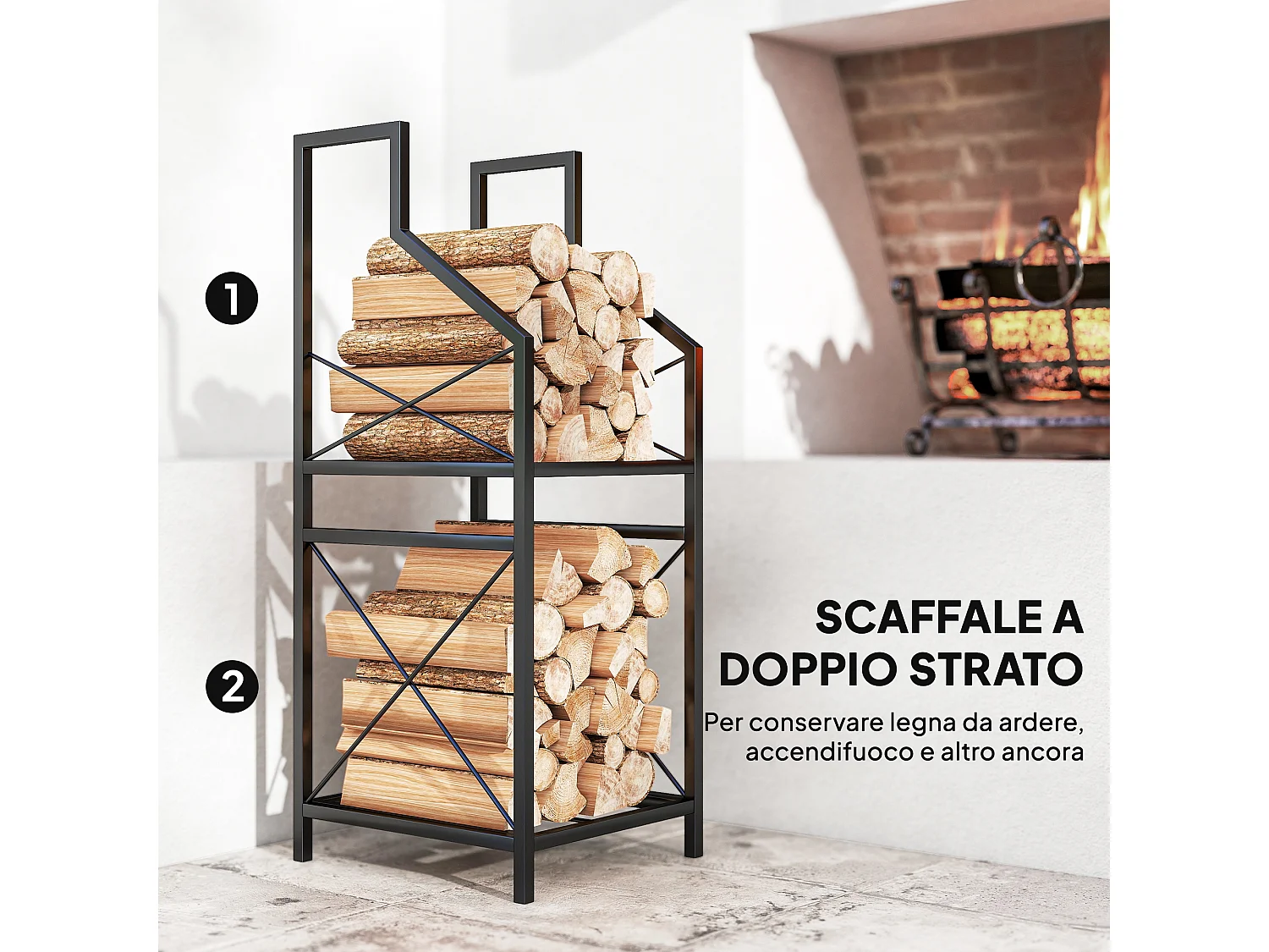 Portalegna da esterno a 2 livelli in metallo con base rialzata nero